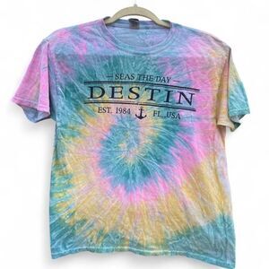 Destin Florida | "Seas the Day" Tie-Dye Souvenir Tee | Pastel Spiral | Large